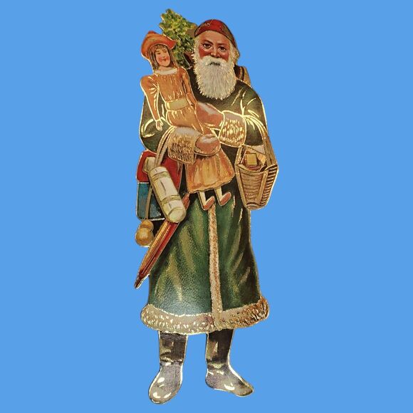 Original Victorian 14.5" Die-Cut Green Robe Santa Claus St Nick Father Christmas - Picture 3 of 10